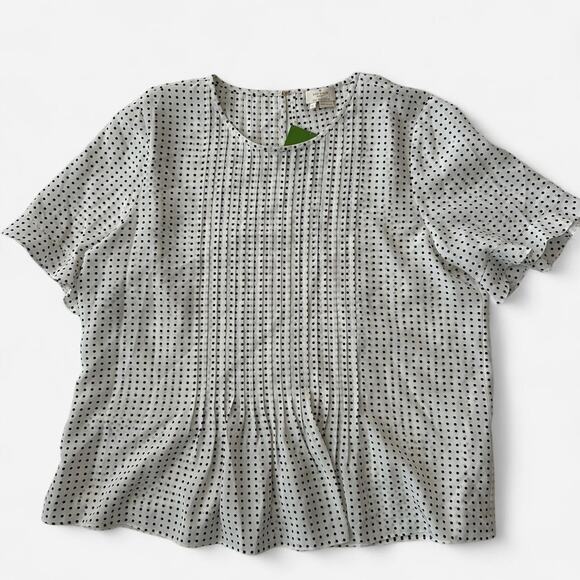NWT KATE SPADE White Pin Dot Pleat Front 100% Silk Crepe Top Sz XL - Picture 1 of 6